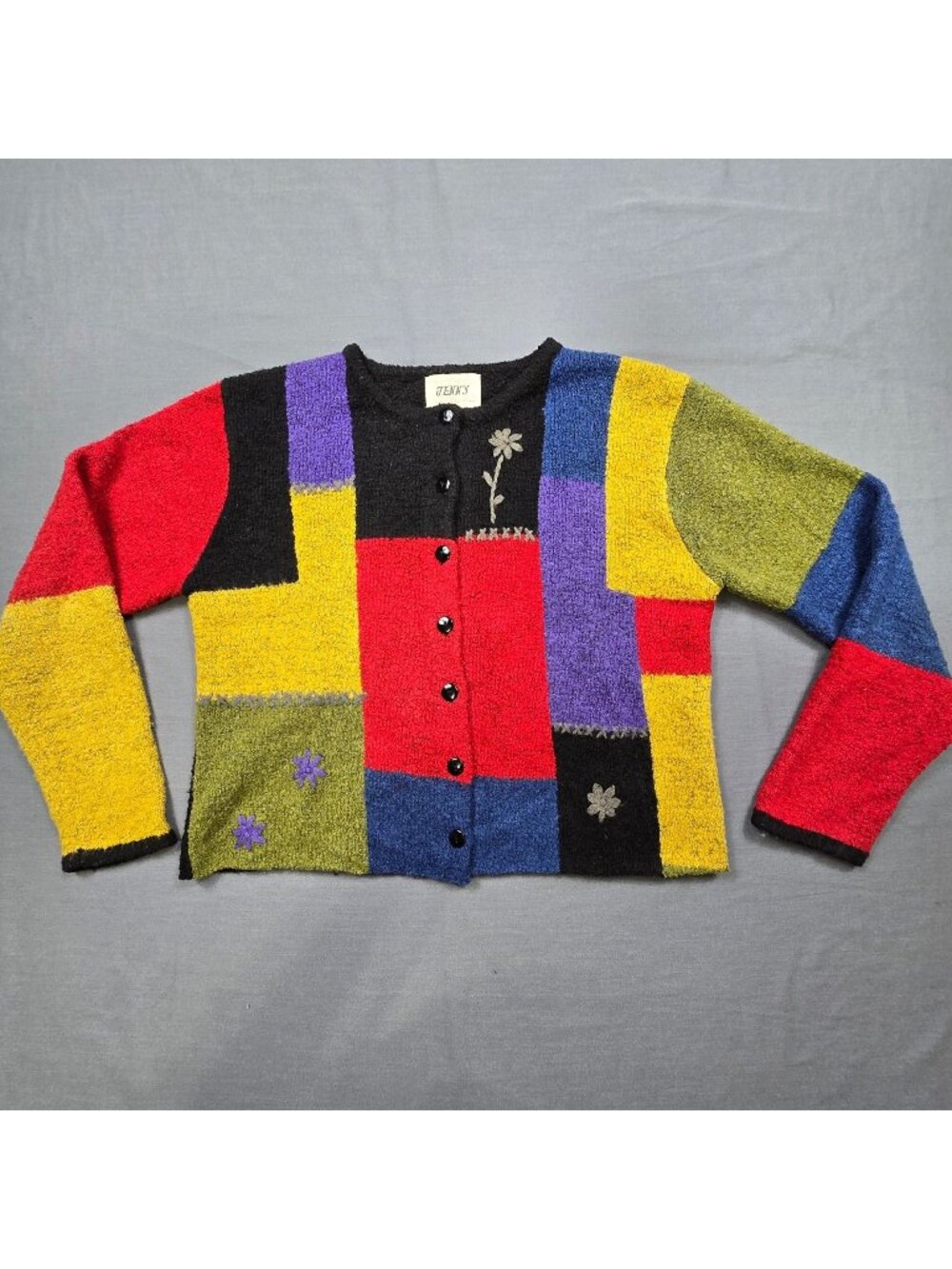 Vintage Jenny Medium Patchwork Button-Up Cardigan Colorblock Floral Embroidery